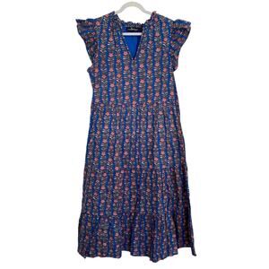 Liza Byrd Tuckernuck Midi Ruffle Sleeve Dress Navy Blue Floral Block Print M